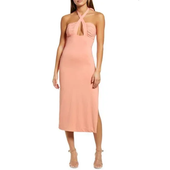 Bardot Womens Guilia Halter MIDI Dress Slit At Side Peach 6/M